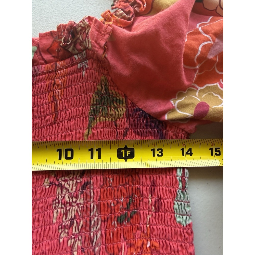 Farm Rio Smocked Ruffle Mini Dress M Coral Tropical Floral Puff Sleeve - Picture 6 of 14